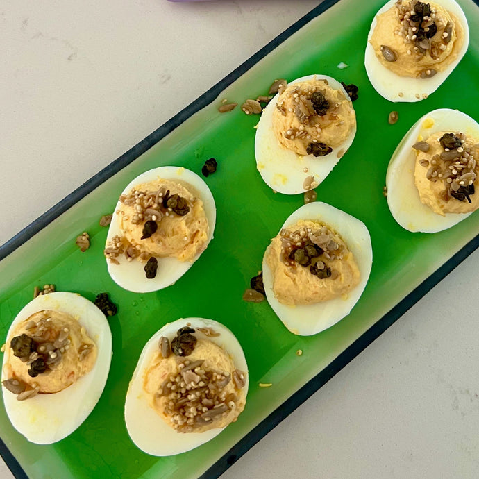 Smoked Salmon Deviled Eggs with Crispy Caper Over the Top