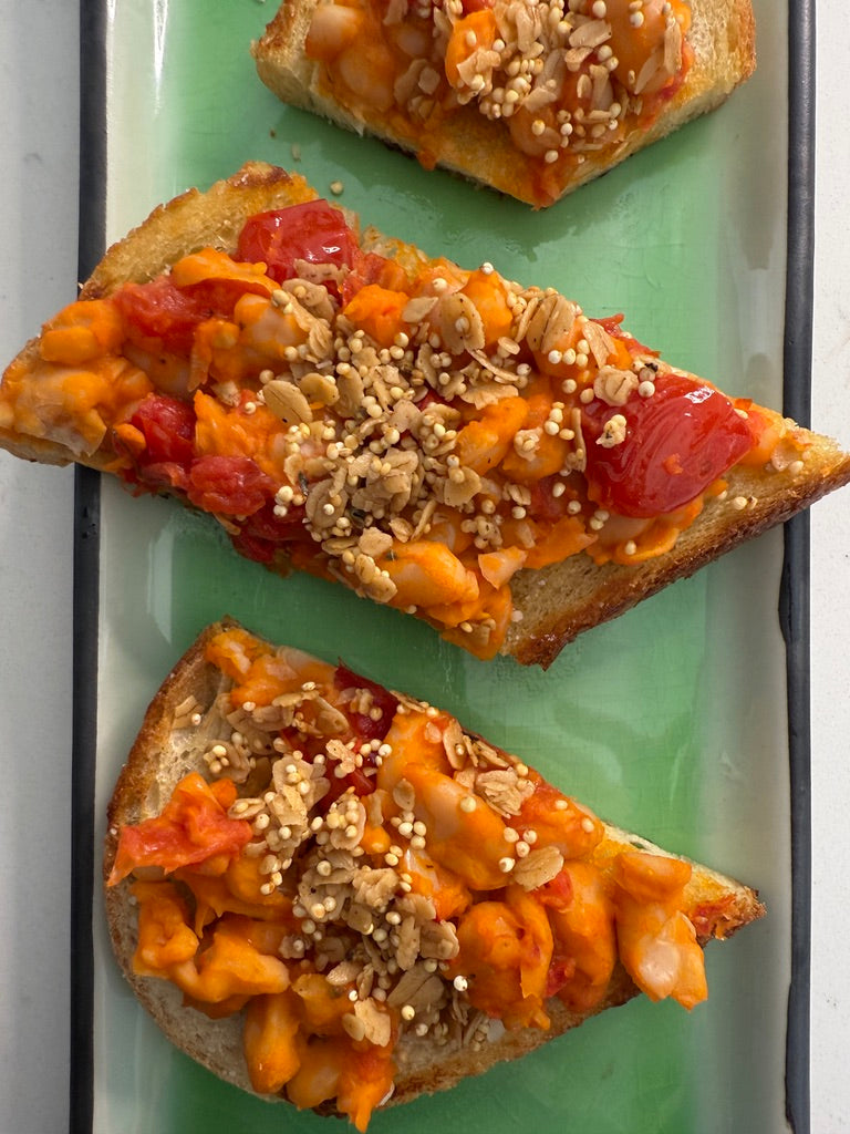 Over the Top Spicy Cannellini Bean and Marzano Tomato Toasts