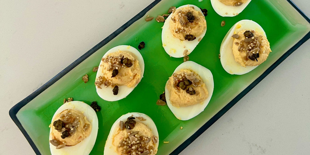 Smoked Salmon Deviled Eggs with Crispy Caper Over the Top
