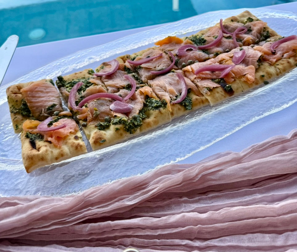 Flatbread of Smoked Salmon, Over the Top Pesto, Pickled Red Onion and Capers