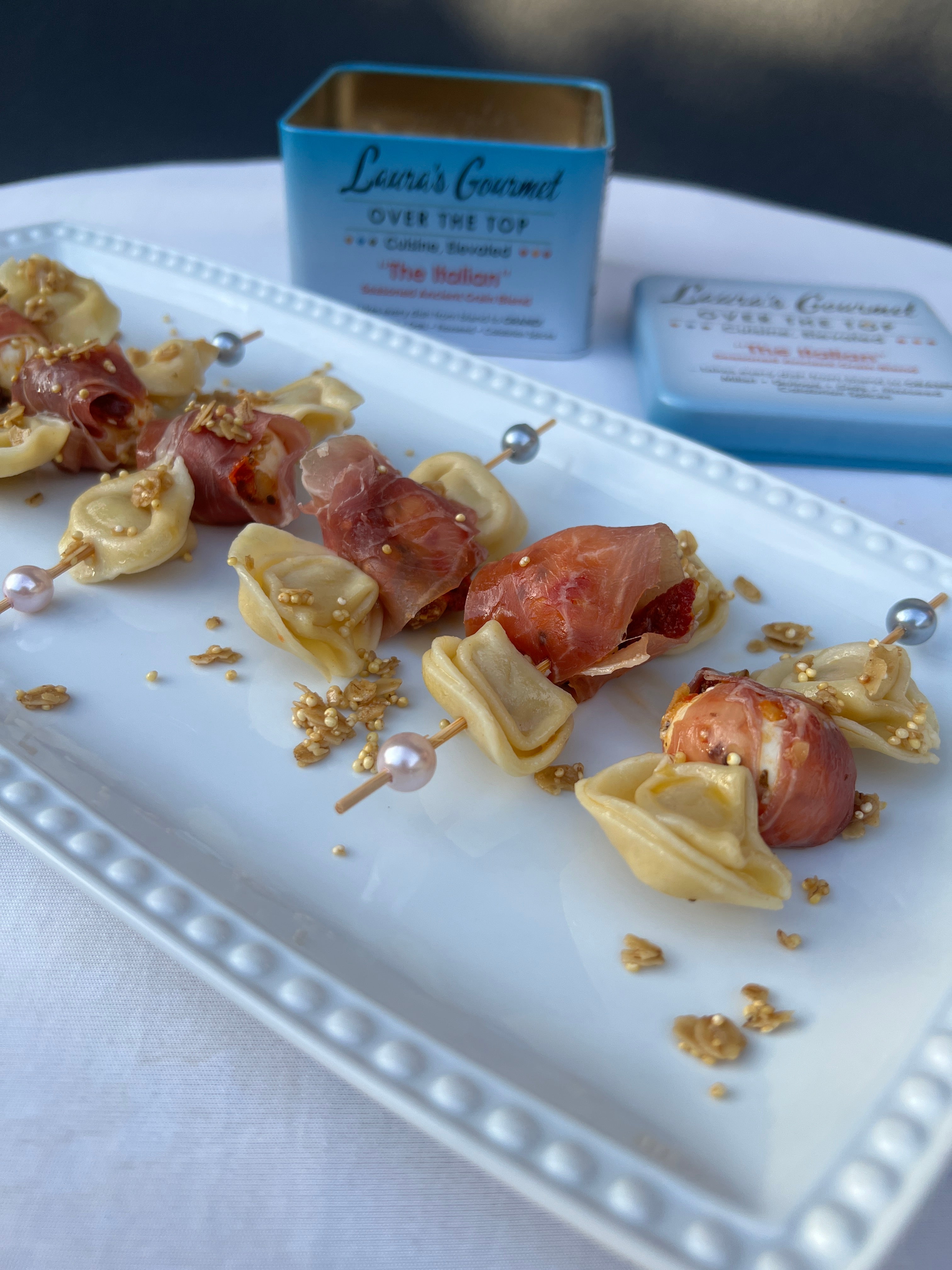 Over the Top Prosciutto Wrapped Marinated Ciliegine and Tortellini Skewers