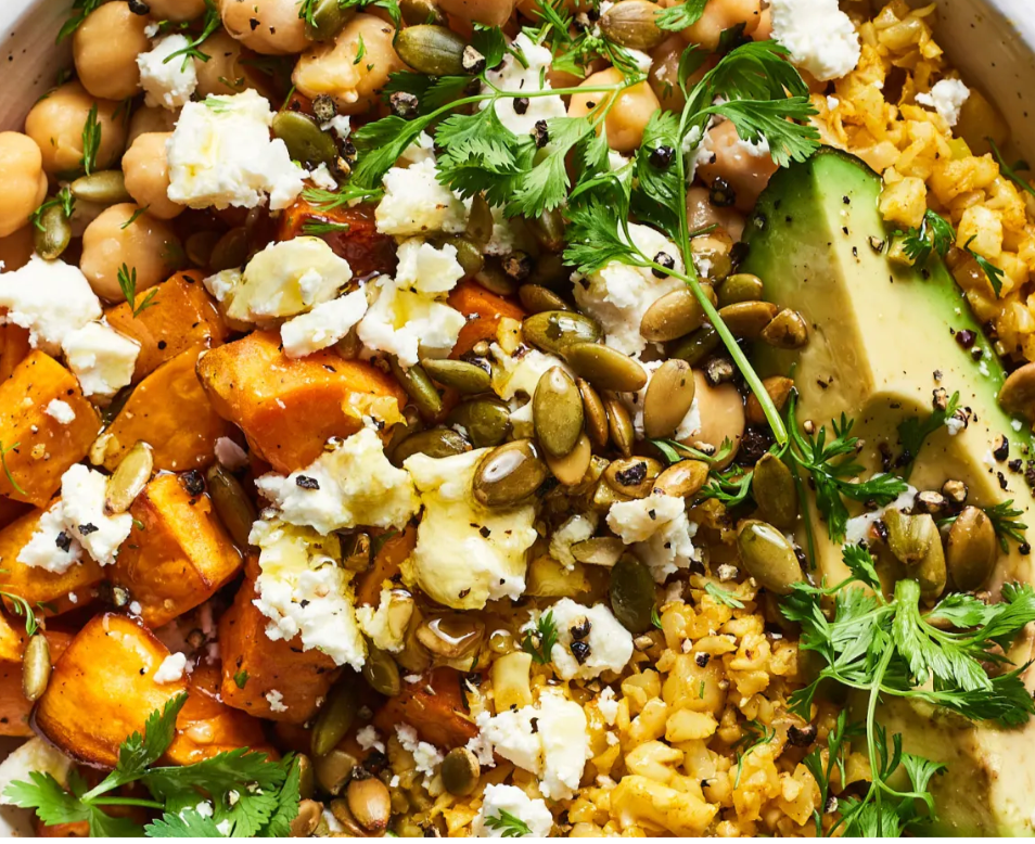 Cauliflower Rice Bowl with Sweet Potatoes, Chickpeas, Sun Dried Tomatoes and The Italian Over the Top
